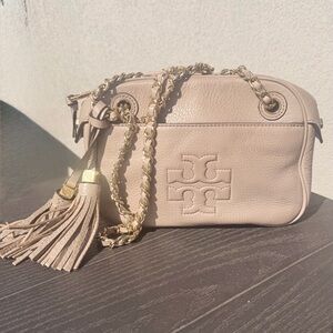 Tory Burch Taupe Leather Crossbody Bag with Gold Chain